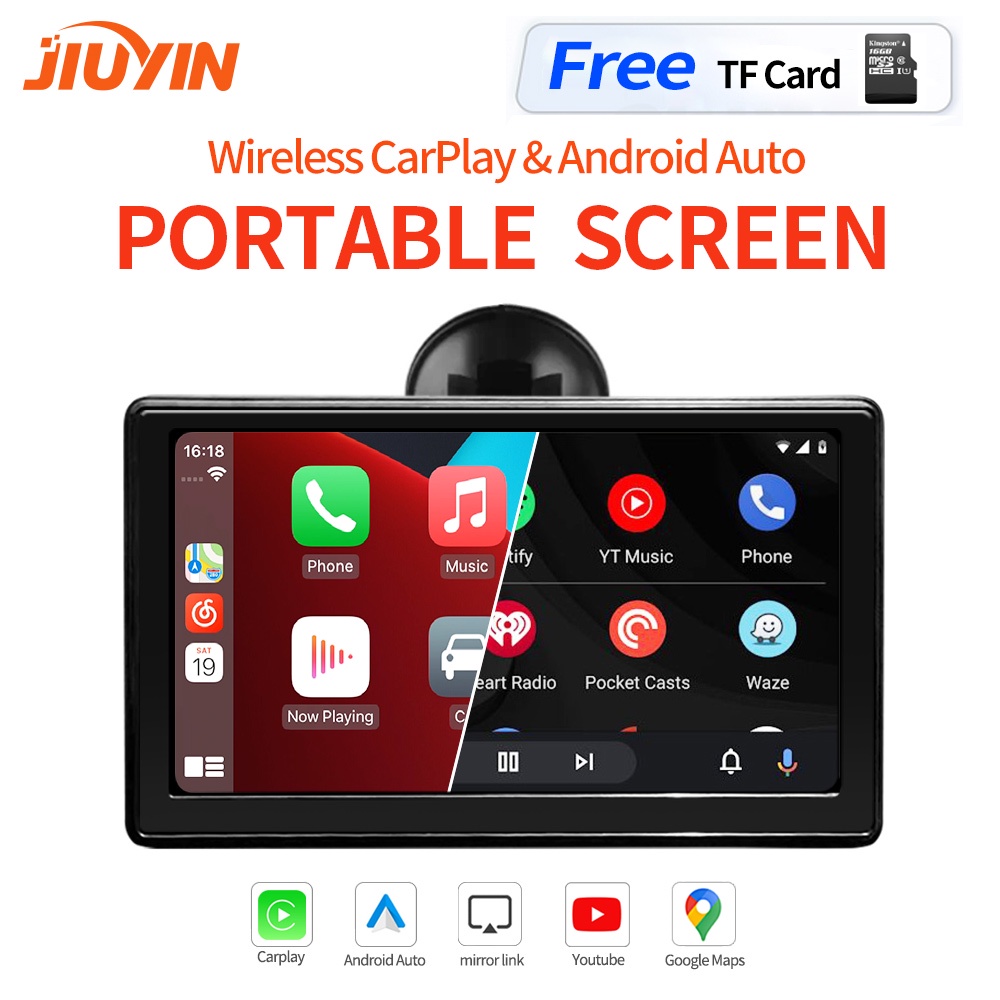 JIUYIN Wireless CarPlay Android Auto 7 Inch IPS Touch Screen Portable Car Stereo Monitor Tablet Airplay Mirror Link Blue