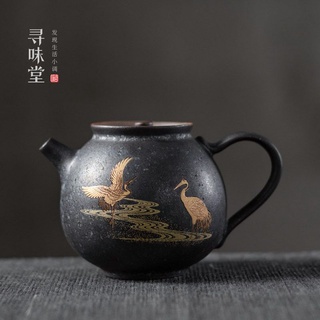 Silver Spot Black Pottery Teapot | Gold Leaf Lucky Bird Crude Pottery Small Pot Retro Household Ceramic Kung Fu Tea Set