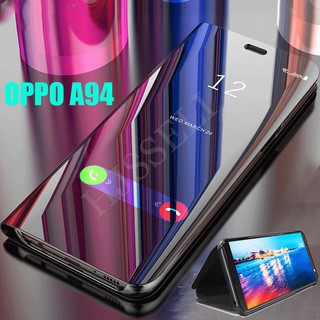 เคสสำ Flip Case OPPO A94 เคส Electroplate Mirror Back Cover Stand Casing OPPO A94 A 94 OPPOA94 เคสโทรศัพท์มือถือ พลิกซองโทรศัพท์