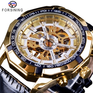 Forsining Mens Mechanical Watches Top Brand Luxury Fashion Gold White Skeleton Design Wristwatch Luminous Hands Horloge