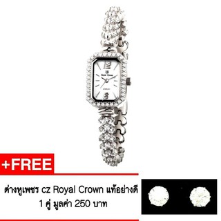 Royal Crown นาฬิกาข้อมือผู้หญิง สายสแตนเลสประดับเพชร cz อย่างดี รุ่น 63809B ( สี Silver )