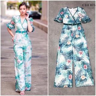 Jumpsuitจั๊มสูทลายดอกคอวีกางเกงทรงกระบอกใหญ่