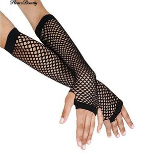 ☺♡ Punk Lady Disco เครื่องแต่งกายเต้นรำ Lace Fingerless ตาข่าย Hollow Fishnet ถุงมือสีดำ