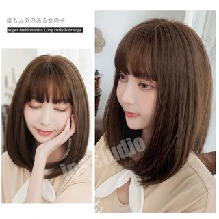 Barsamiea ผมบ๊อบสไตล์ น้ำตาลอ่อน แบบตรงปลายงุ้มเข้าทรง หน้าม้าสไลด์บางสไตล์เกาหลี ผมปลอมผู้หญิง วิกผมหน้าม้า ผมปลอมผ