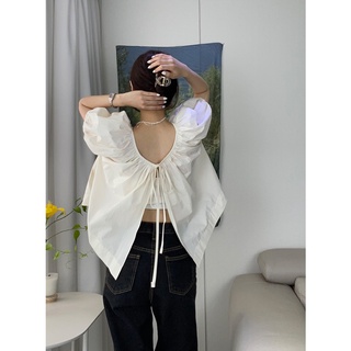 พร้อมส่ง 🍞🍮🍪 minimal shirt  เสื้อเชิ้ต เสื้อเชิ้ตมินิมอลผูกโบว์หลัง เสื้อเปิดหลัง สีครีม