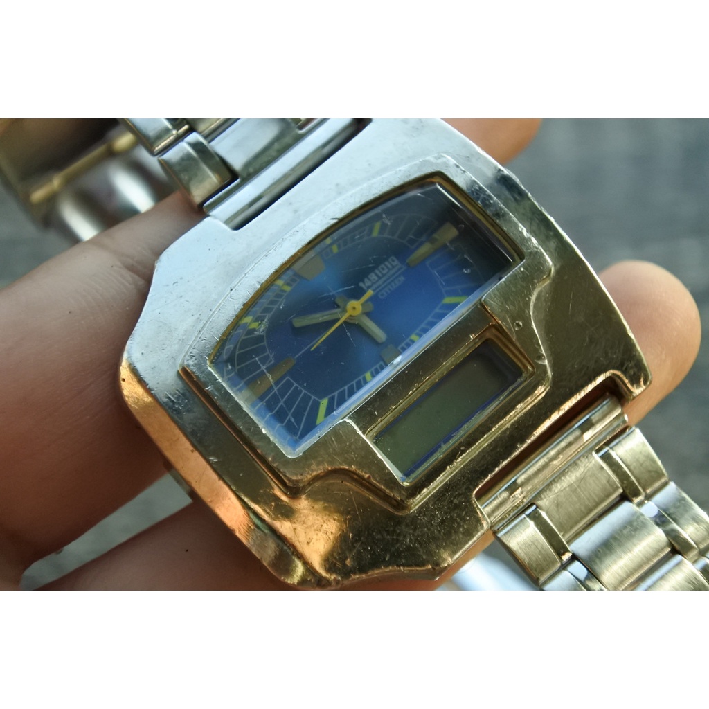 นาฬิกา Vintage มือสองญี่ปุ่น CITIZEN 1481010ระบบAnalog-Digital ผู้ชายกรอบเงิน หน้าสีน้ำเงิน หน้าปัด 45mm