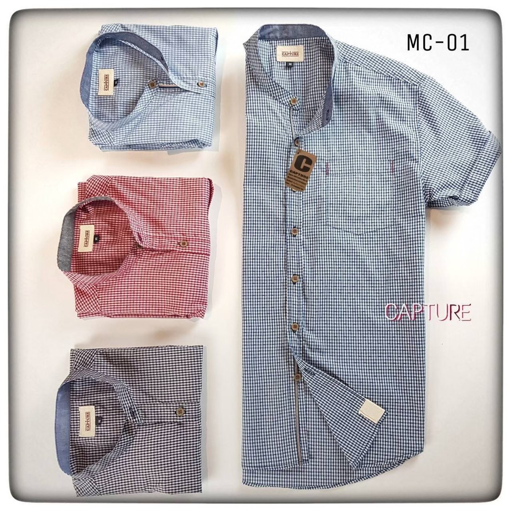 เสื้อเชิ้ตผู้ชาย คอจีน แขนสั้น ลายเดินเทป ผ้า Yendry มีไซส์ S-4XL