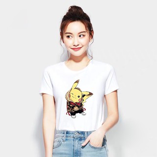 ผ้าฝ้าย 100% ขนาดบวก pikachu ผู้หญิงเสื้อยืดบางเฉียบแฟชั่นเกาหลีมาคาปาลเสื้อยืดพื้นฐาน D,z