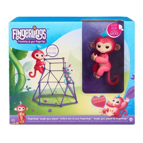 ของแท้ WowWee Fingerlings - Jungle Gym Playset + Interactive Baby Monkey Aimee (Coral Pink with Blue Hair) ลิงตอบโต้ได้