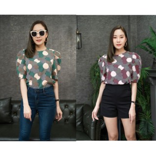 6254-1 Blouse แขนสั้นคอปีนแต่งดุมหลัง