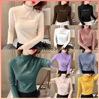 SALABO(พร้อมส่ง) 🍭 เสื้อแขนยาวคอเต่า -- ลายปักอักษร --  มี 10 สี ผ้านิ่มเด้ง #D006 🍭
