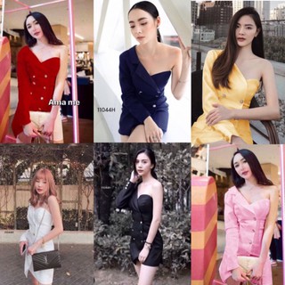 J11044 Dress เดรส สายเดี่ยว ไหล่เดียว แต่งกระดุมหน้า