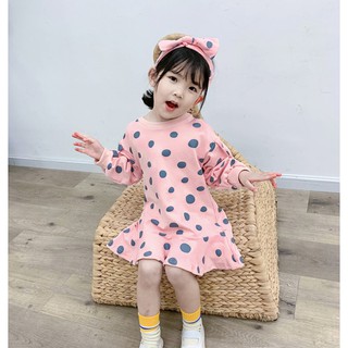 พร้อมส่ง เดรสเด็กผู้หญิงมาพร้อมที่คาดผม สไตล์เกาหลี ผ้านิ่ม สีชมพู #ML5891