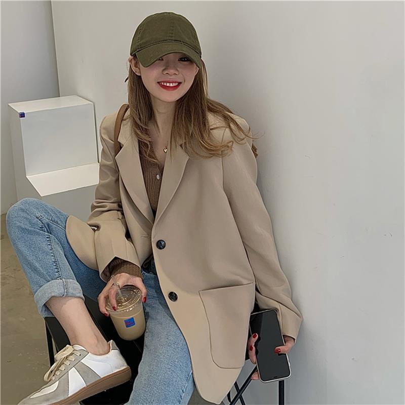 [Yoy Stock] เสื้อแจ็กเก็ตสูทแขนยาว คอปก ทรงหลวม เรียบง่าย เข้ากับทุกการแต่งกาย แฟชั่นฤดูใบไม้ผลิ สไต