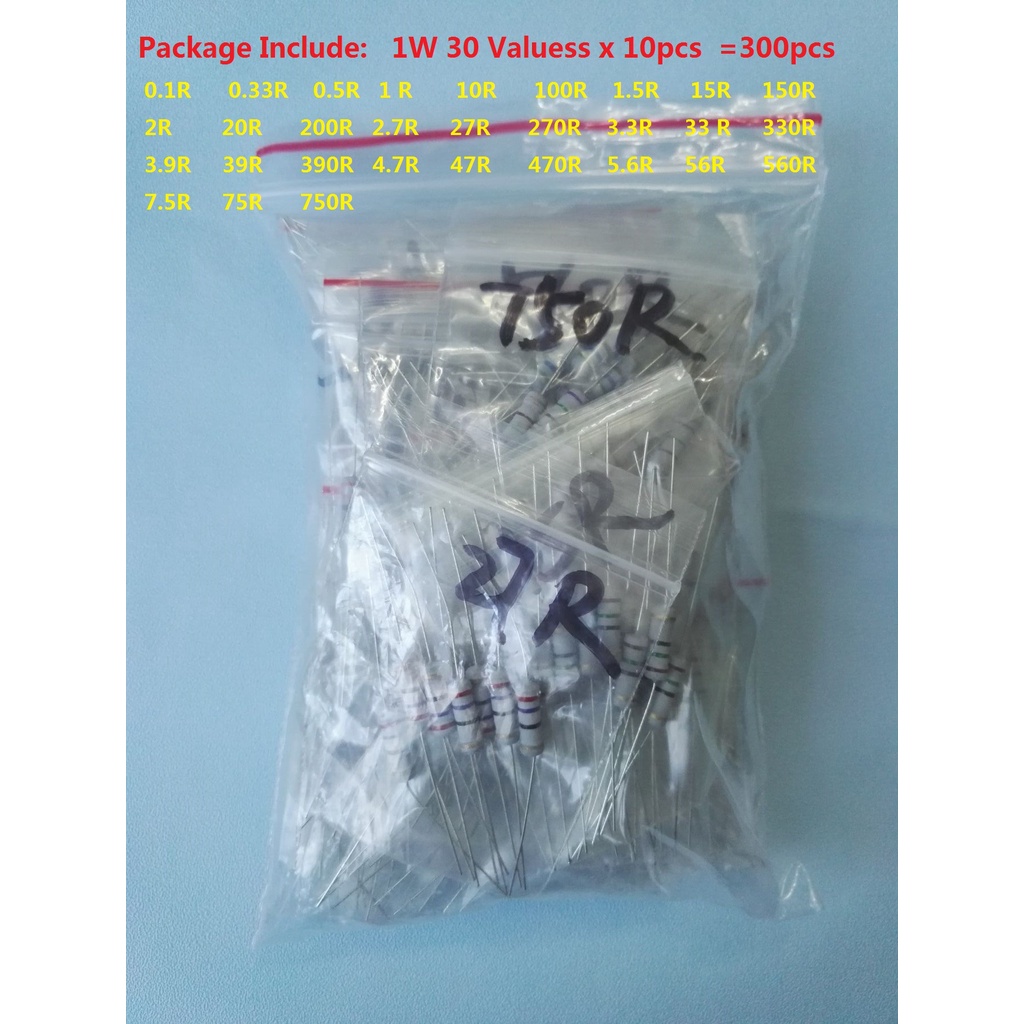 1W ฟิล์มคาร์บอน Rsistor kit 30Values ​​x 10pcs=300PCS 0.1R~750 Ohm 5% Assorted kit Resistance 0.33/1