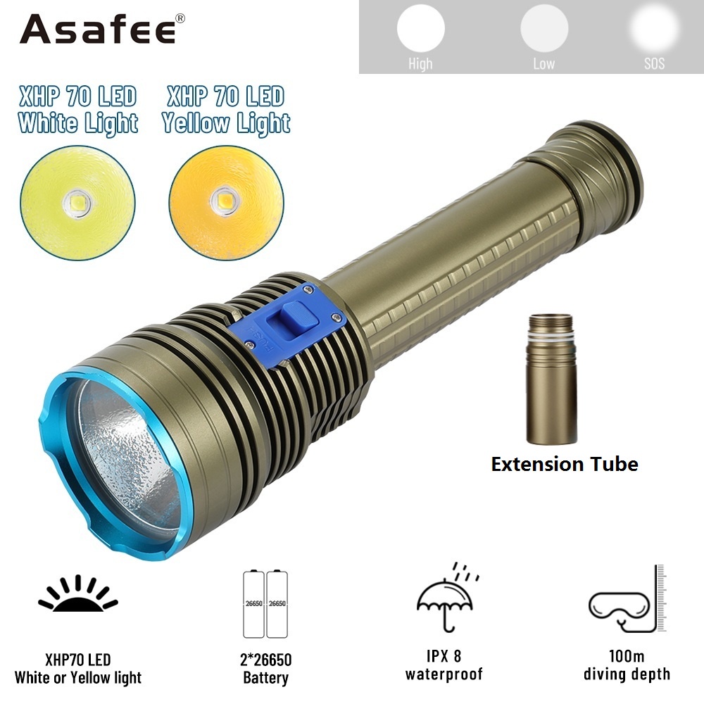 Asafee X70 Super Bright LED ไฟฉายดําน้ํา 5000LM XHP70.2 ไฟฉายชาร์จกันน้ํา 100M ความลึกไฟฉาย