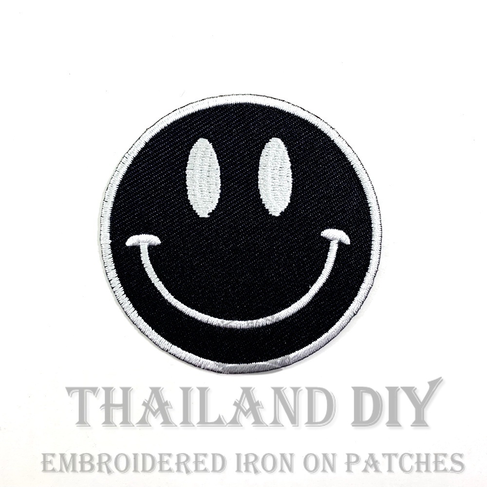 😀 ตัวรีดติดเสื้อ ตัวรีดหน้ายิ้ม ลายการ์ตูน หน้าตลก หน้าตลก WOP ฺBlack smiley Face Patch งานปัก DIY ต