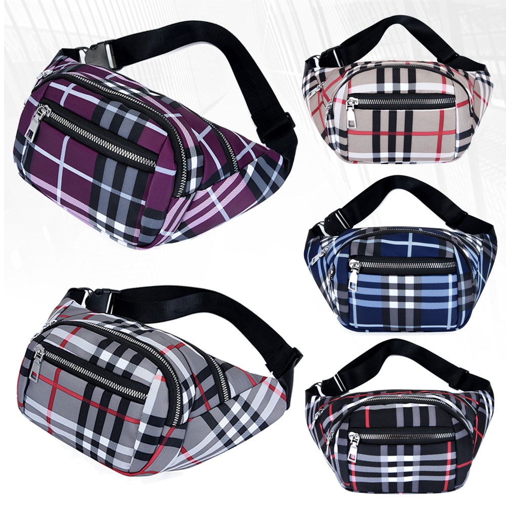 (W173)กระเป๋าคาดเอวลายตาราง แต่งซิปสีเงิน มีช่องเยอะ bagdance