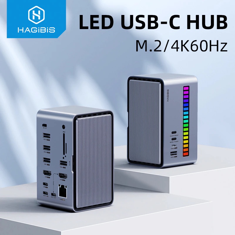 Hagibis USB C Tower Hub U100-Pro Type-C Adapter with HDMI, M.2 SSD Enclosure, 100W Power Delivery, USB 3.1, Ethernet, SD