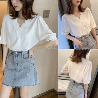 พลัสไซส์ 2XL  เสื้อชีฟองครึ่งแขนลูกไม้เกาหลีสำหรับผู้หญิง เสื้อยืดสีขาว ท็อปผ้าฝ้าย