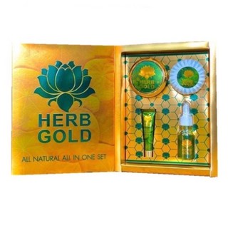 HERB GOLD อภิมหาโชค เฮิร์บ โกลด์ กล่องมี 4 ชิ้น ครีม สบู่สมุนไพร เซรั่ม และกันแดด