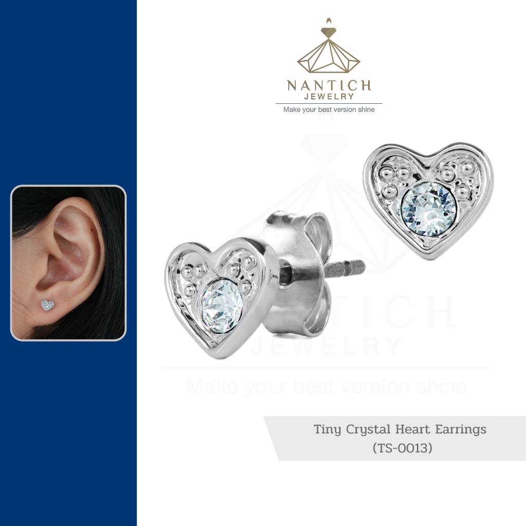 💎👩🏻‍⚕️ [เครื่องประดับ | ปลอดภัย] ต่างหู คนแพ้ง่าย : Tiny Crystal Heart Earrings (TS-0013) Nantich Jewelry
