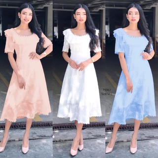 Dress ชุดเดรสยาว ผ้าแต่งลายลูกไม้ กระโปรงทรงบานสวยๆ