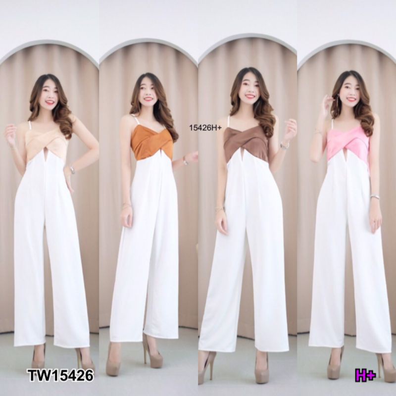 TW15426 Jumpsuit จั้มสูทสายเดี่ยวขายาว ผูกโบว์หลัง งานผ้าซาร่าทั้งชุด สีพื้น