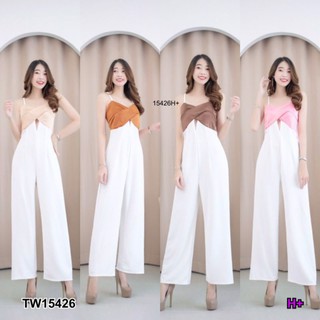 TW15426  Jumpsuit จั้มสูทสายเดี่ยวขายาว ผูกโบว์หลัง งานผ้าซาร่าทั้งชุด สีพื้น