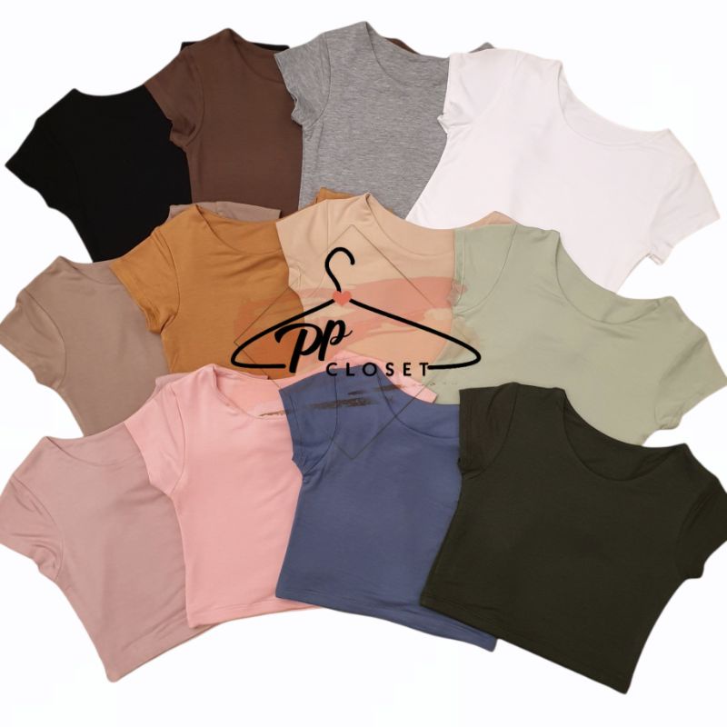 💕PP♡CLOSET💕New‼เสื้อยืดครอปแขนสั้น เอวลอย ผ้าหนา2ชั้นทั้งตัว (เหมาะสำหรับสาวSize XS-M)ทรงกระชับตามลำตัว ผ้าเรย่อนอย่างดี