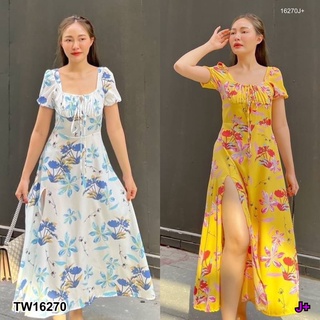 16270 แมกซี่เดรสยาว กระโปรงแหวกด้านหน้า แขนตุ๊กตา long maxi dress Front split skirt, doll sleeves