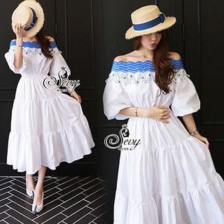 Sevy Blue Leouvard Off Shoulder Dolly Half Sleeve Maxi Dress.