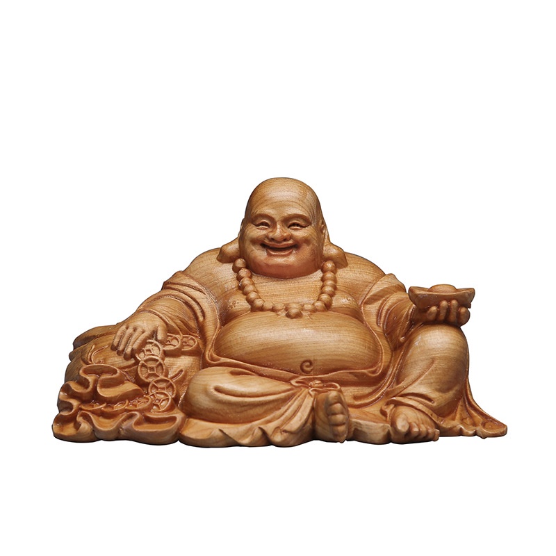 ℡Solid wood ingot Maitreya Buddha sculpture statue， Modern art hand-carved Home living room bedroom lucky statue Gift so