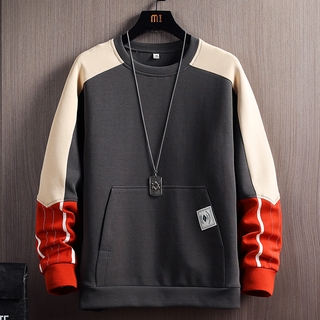 Mens new color matching round neck label kangaroo pocket long sleeve T-shirt