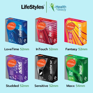 ถุงยางอนามัย Lifestyles lovetime 52mm, Intouch 52mm, fantasy 52mm, studded 52mm, sensitive 52mm, maxx 54mm 1กล่อง 3 ชิ้น