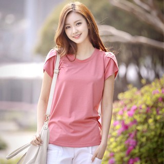 เสื้อยืดคอกลมสีพื้นทรงหลวมสำหรับผู้หญิง
