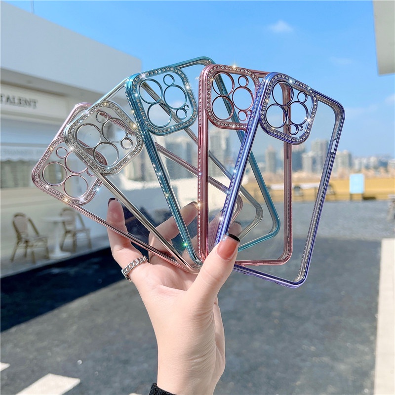 Diamond + ขอบชุบtransparent SoftกันกระแทกiPhoneกรณีเลนส์สําหรับiPhone 16 15 14 13 12 11 Pro Max XS XR XS Max 8 Plus 15 Plusปลอกโทรศัพท์ใสฝาครอบโทรศัพท์
