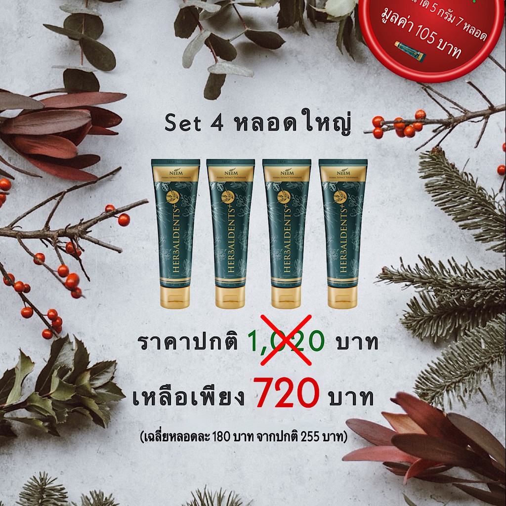ยาสีฟัน Herbaldents+ Happy Festive Set แพค 4 หลอด ขนาด 100 กรัม พร้อมของแถมมูลค่า 105 บาท