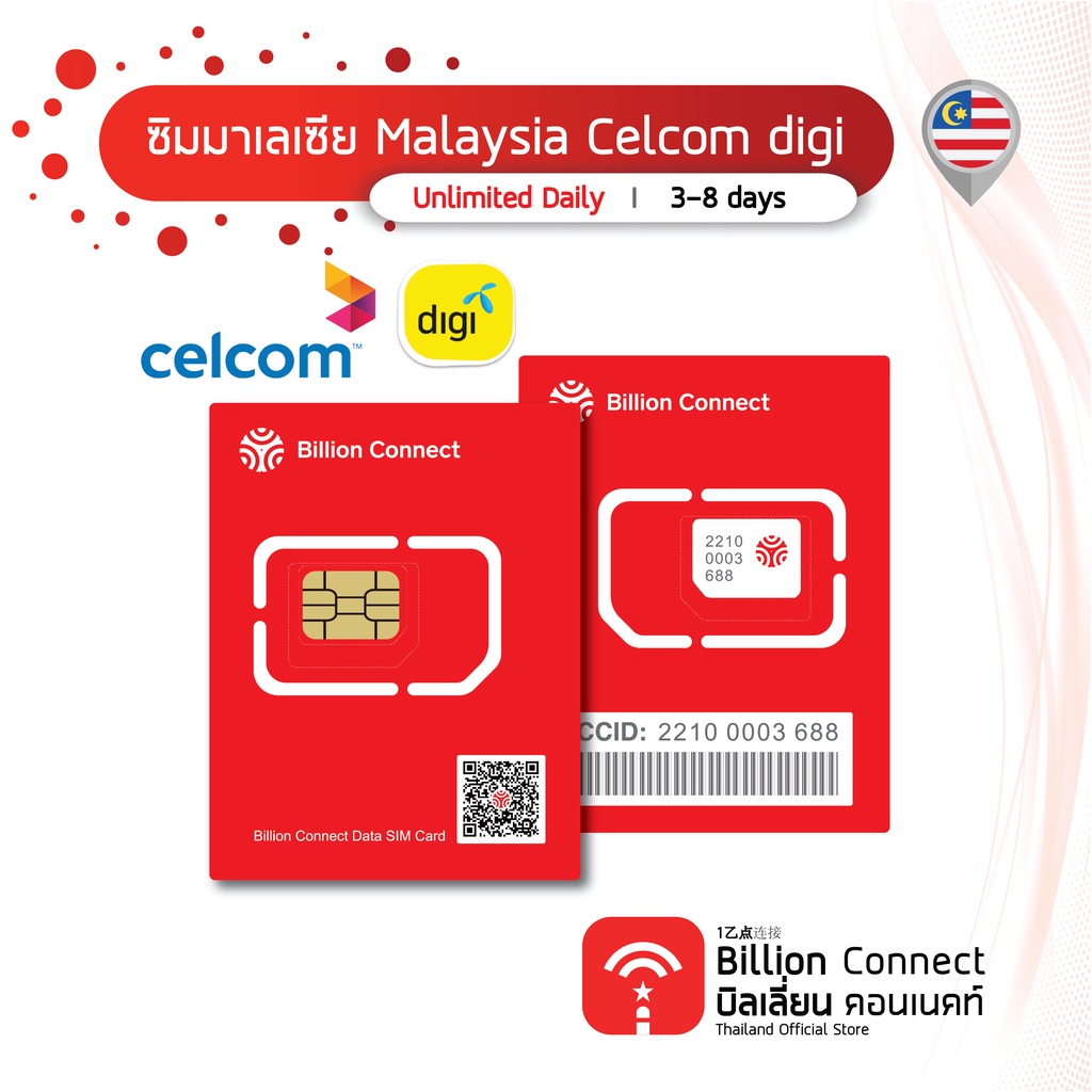 Billion Connect  ซิมต่างประเทศ Malaysia Sim Card สัญญาณ Celcom หรือ digi ซิมมาเลเซีย 3-8 Days