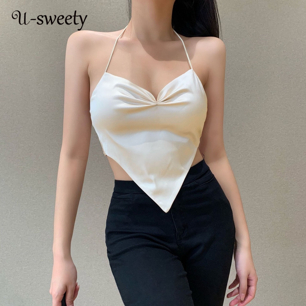 U-Sweety เสื้อลําลองแฟชั่นสําหรับสตรีเซ็กซี่แขนกุดคอวีเปลือยหลังสีพื้นทรงสลิมฟิต
