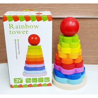 RAINBOW TOWER ของเล่นไม้ เกมส์ตัวต่อไม้ 10 สี 10 ชั้น