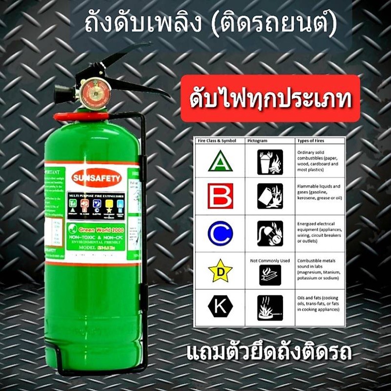 ถังดับเพลิงติดรถยนต์(ถังสีเขียว)Green World 2000 ขนาด 2.2 ปอนด์ ดับไฟ 5 ประเภท A B C D K