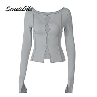 SweeticMe Womens  New Hollow Front Long Sleeve T-shirt