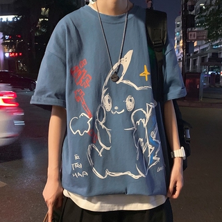 PikachuTชายเสื้อแขนสั้นแบรนด์น้ำหลวมฮิปฮอปแนวโน้มฤดูร้อนป่าพอร์ตลมสบายๆชายเสื้อห้าคะแนน