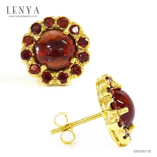 Lenya Jewery ต่างหูพลอยโกเมน (Garnet) หลังเบี้ย ดีไซน์ดอกไม้ ตัวเรือนเงินแท้ชุบทองคำ