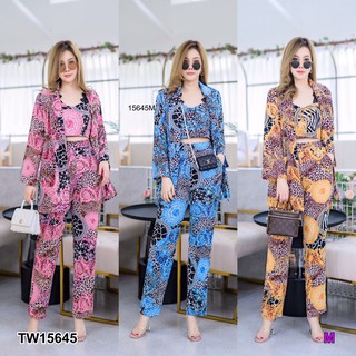 PP15645 Set 3 ชิ้น #สาวอวบ เสื้อคลุมสูท + เสื้อสายเดี่ยวสายลูกไม้ + กางเกงขายาว พิมลายกราฟฟิกทั้งเซต