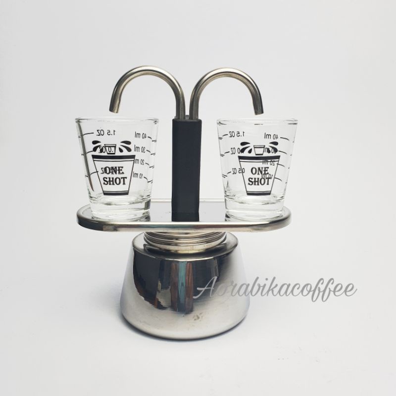 MS44-Moka pot​ fountain 2cup​ 100ml​ สแตนเลส+แก้วช็อท สเกลสีดำ 2 ใบ