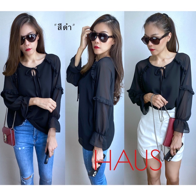 เสื้อชีฟองแขนยาวแต่งระบายแขน มีซับในเต็มตัวหน้าหลัง หน้าผ้า 44” (อก 34”-44”ใส่ได้) นางแบบอก34” - รูปที่ 3