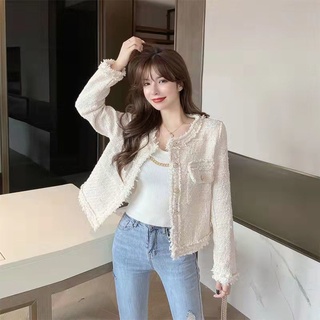 💕✨Hot sale！คอลูกเรือ เสื้อคลุมทวิต เสื้อแจ็คเก็ต แขนยาว ไฮโซเกาหลี ปุ่มด้านหน้า ใส่แล้วสวย มีให้เลือก 2 สี