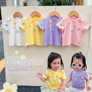 พร้อมส่ง เสื้อยืดคอกลม แขนสั้น ลายดอกไม้น่ารัก สไตล์เกาหลี เหมาะกับฤดูร้อน สําหรับเด็กผู้หญิง 2022